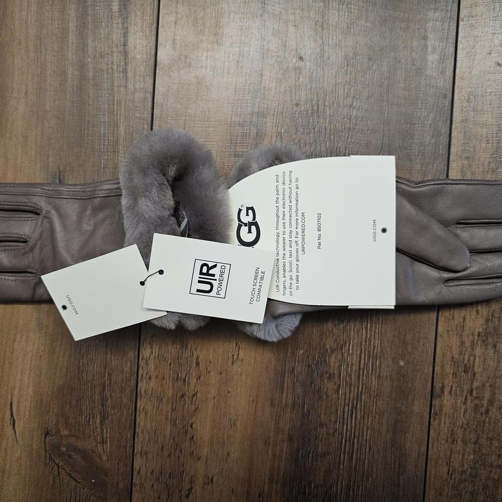 UGG Gray Gloves with Fur Trim and Soft Suede Material - Picture 2 of 5